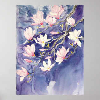 rosa magnolia-blommor i lilans bakgrund poster