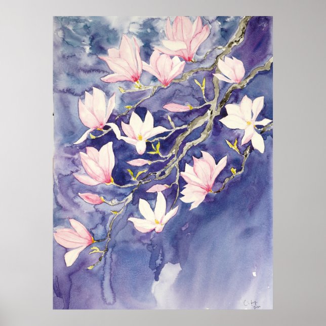rosa magnolia-blommor i lilans bakgrund poster (Framsidan)