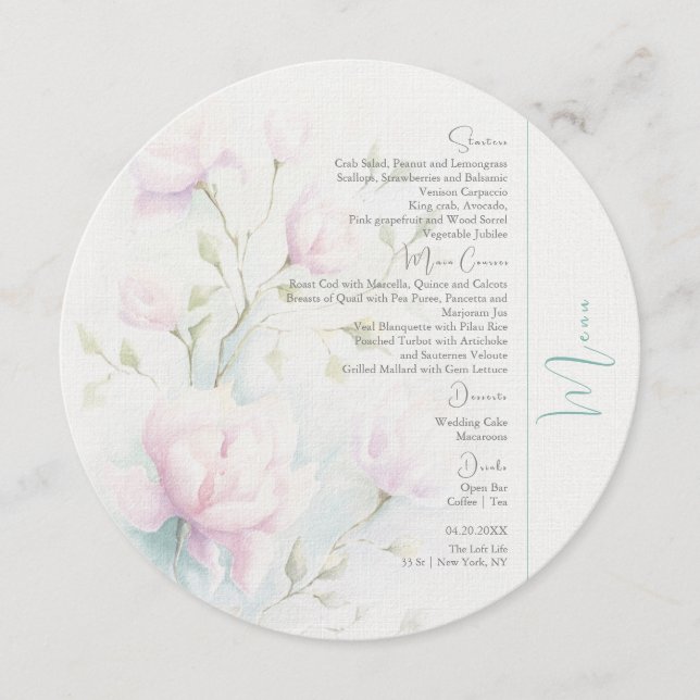 Rosa Magnolia Bröllop Circle Menu Meny (Framsida)