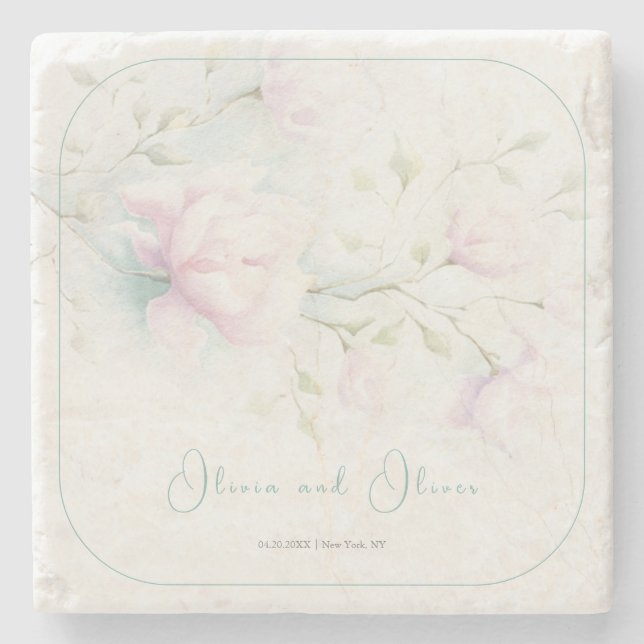 Rosa Magnolia Bröllop Stenunderlägg (Framsidan)