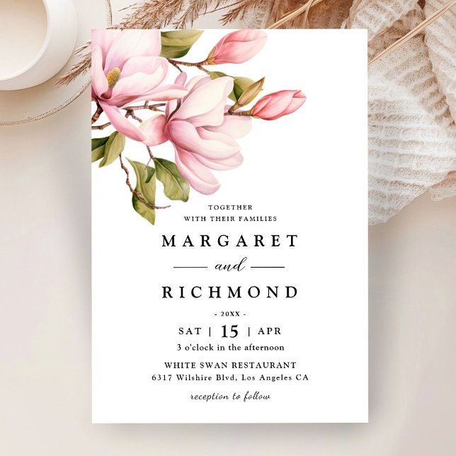 Rosa Magnolia Elegant Watercolor Blommig Bröllopsi Inbjudningar (Skapare uppladdad)