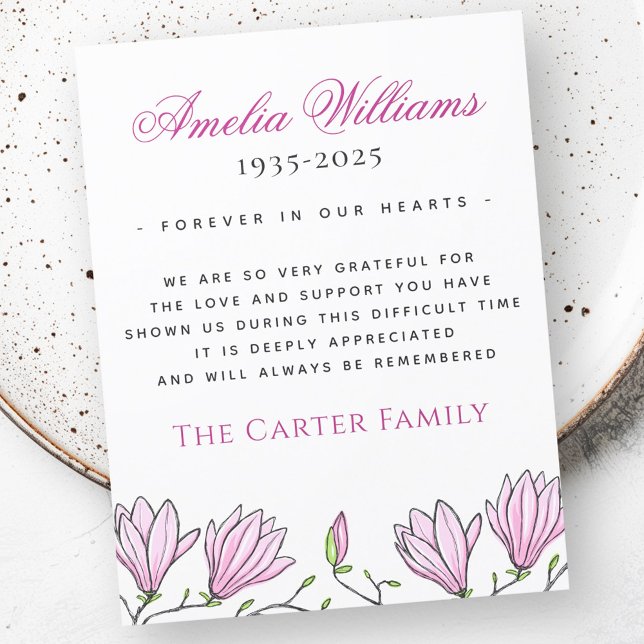 Rosa Magnolia-flödesmedalj tack för ditt kort (Pink magnolia flow funeral sympathy thank you card)