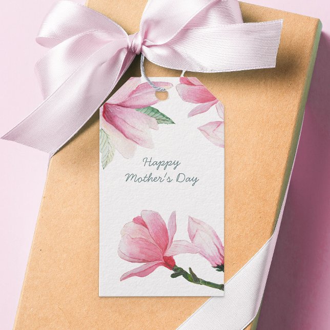 Rosa Magnolia Flowers Editable Tillfälle Presentetikett (Mother's Day Gift Tags with Pink Magnolias - custom message on the back)