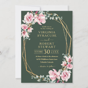 Rosa Magnolia Geometric Grönt Bröllop Inbjudningar