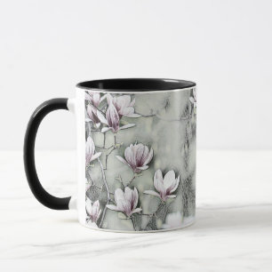 Rosa magnolia gren teckning grått svart bakgund mugg