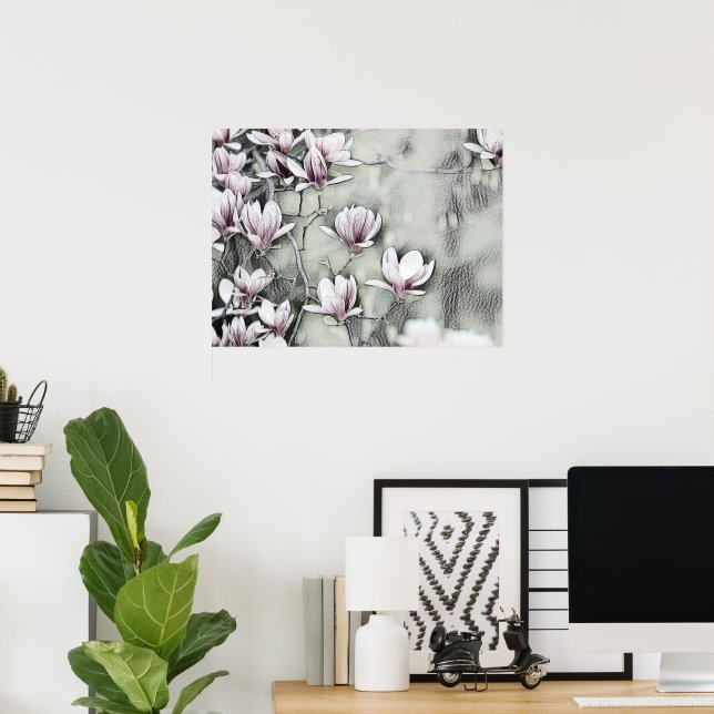 Rosa magnolia gren teckning grått svart bakgund poster (Hemmakontoret)