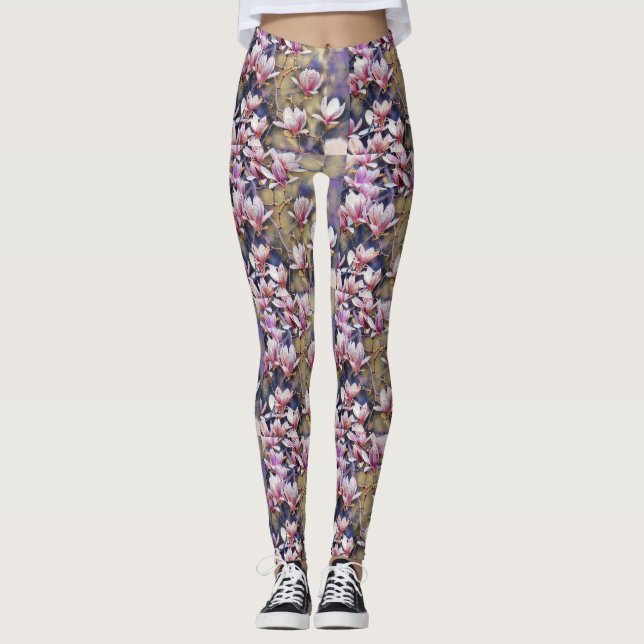 Rosa magnolia gren vattenfärgsbakgrund lila  leggings (Framsida)