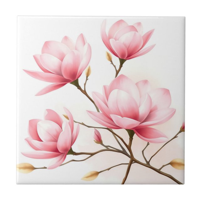  Rosa Magnolia med Guld-accenter Kakelplatta (Framsidan)