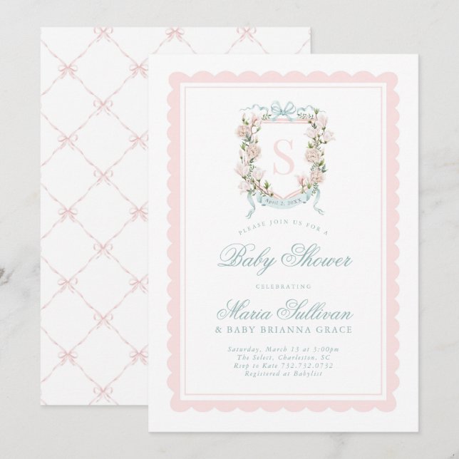 Rosa Magnolia Monogram Baby i blomningsshower Inbjudningar (Fram/baksida)