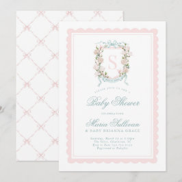 Rosa Magnolia Monogram Baby i blomningsshower Inbjudningar