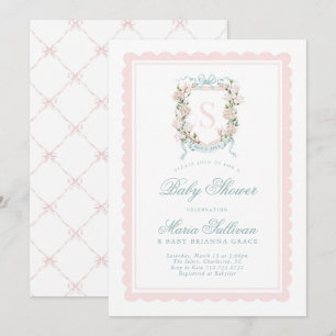 Rosa Magnolia Monogram Baby i blomningsshower Inbjudningar