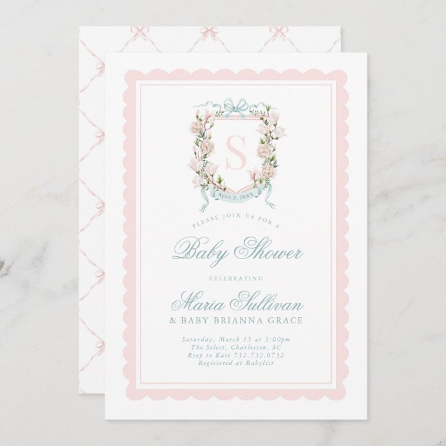 Rosa Magnolia Monogram Baby i Bloom Shower Inbjudningar (Fram/baksida)