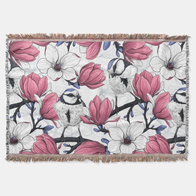Rosa magnolia och blå tutfåglar filt (Framsidan)