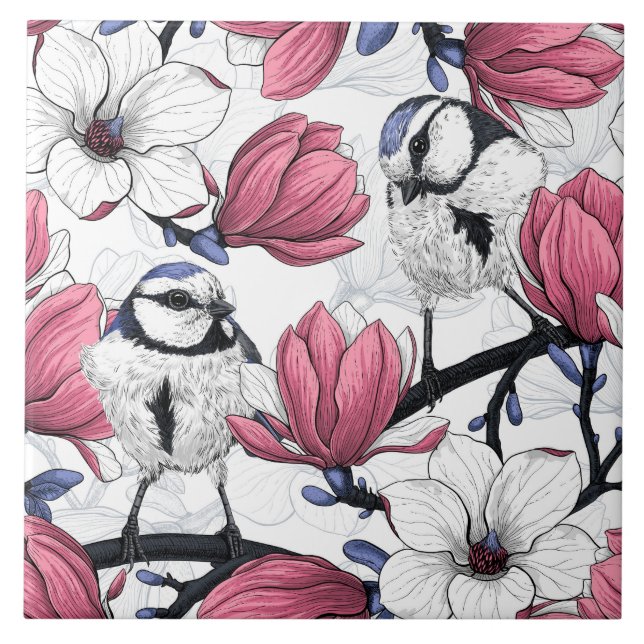 Rosa magnolia och blå tutfåglar kakelplatta (Framsidan)