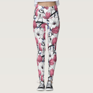 Rosa magnolia och blå tutfåglar leggings