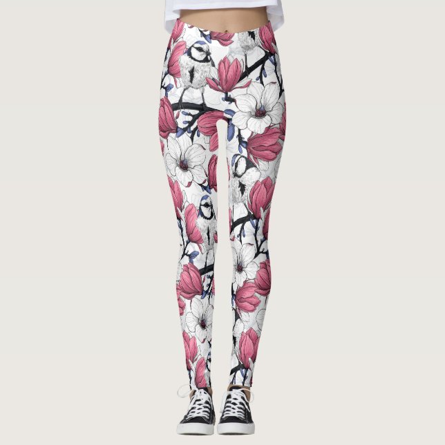Rosa magnolia och blå tutfåglar leggings (Framsida)
