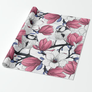 Rosa magnolia och blå tutfåglar presentpapper