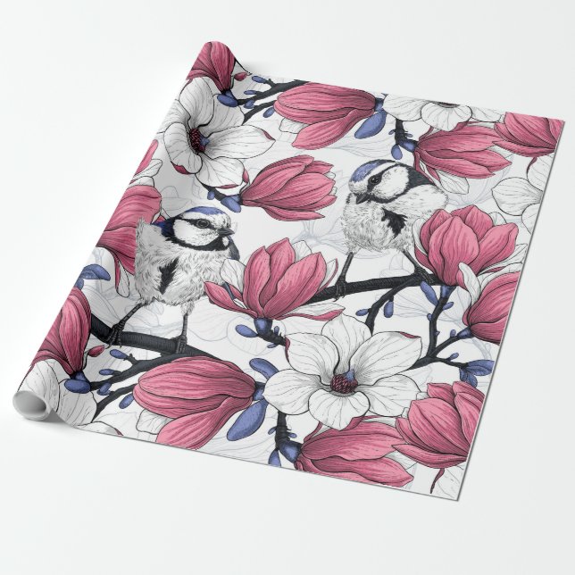 Rosa magnolia och blå tutfåglar presentpapper (Utrullad)