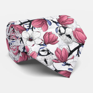 Rosa magnolia och blå tutfåglar slips