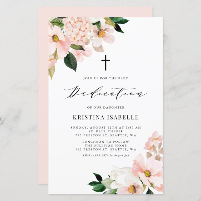 Rosa Magnolia och Hydrangea Baby Dedication Inbjud (Fram/baksida)