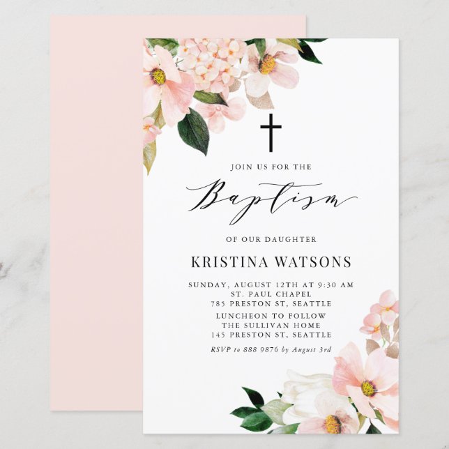  Rosa Magnolia och Hydrangea Baptism Inbjudan (Fram/baksida)