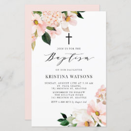  Rosa Magnolia och Hydrangea Baptism Inbjudan