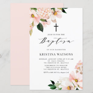 Rosa Magnolia och Hydrangea Baptism Inbjudan