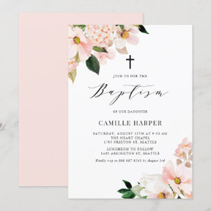 Rosa Magnolia och Hydrangea Baptism Inbjudningar