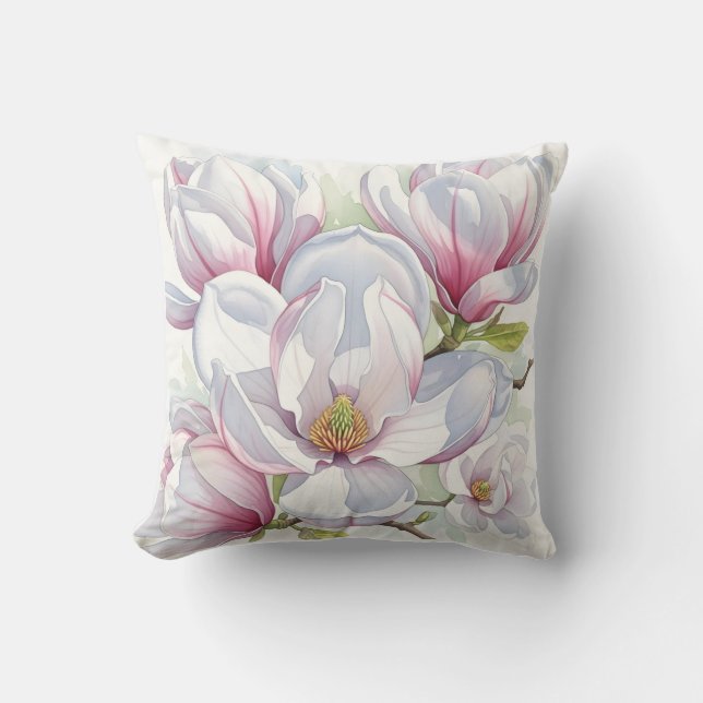 Rosa Magnolia Vattenfärg Blomma Kudde (Framsida)