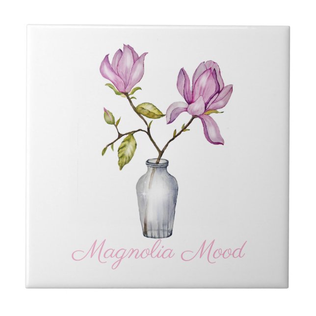 Rosa Magnolia Vattenfärg Botanisk Kakelplatta (Framsidan)