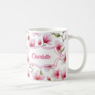 Rosa Magnolia Vattenfärg Botanisk Monogramnamn Kaffemugg
