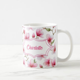 Rosa Magnolia Vattenfärg Botanisk Monogramnamn Kaffemugg