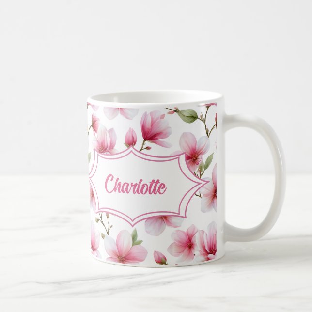 Rosa Magnolia Vattenfärg Botanisk Monogramnamn Kaffemugg (Höger)
