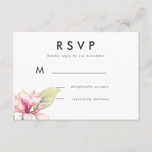 Rosa Magnolia Vattenfärg Bröllopssvar OSA Kort (Framsida)