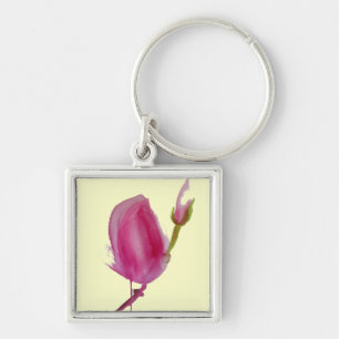 Rosa Magnolia vattenfärglasart Fyrkantig Silverfärgad Nyckelring