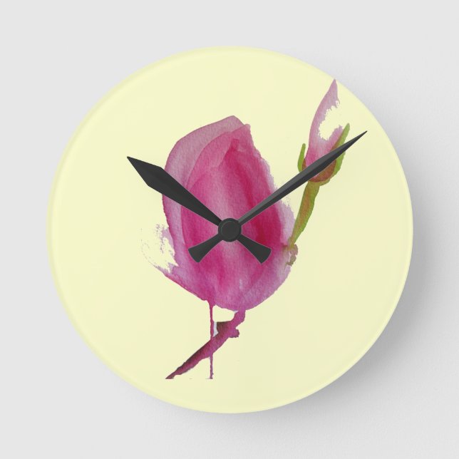 Rosa Magnolia vattenfärglasart Rund Klocka (Framsida)