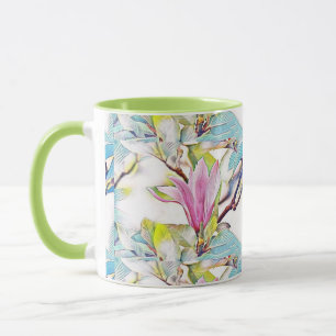 Rosa magnolia - vattenfärgsblå bakgrund mugg