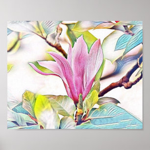Rosa magnolia - vattenfärgsblå bakgrund poster