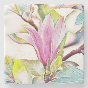 Rosa magnolia - vattenfärgsblå bakgrund stenunderlägg