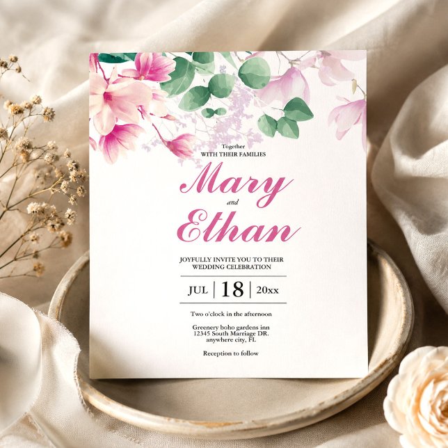 Rosa Magnolia Watercolor Blommor Bröllop Inbjudningar (Pink Magnolia Watercolor Flowers Wedding Invitation, Floral Invitation, Save the Date Card)