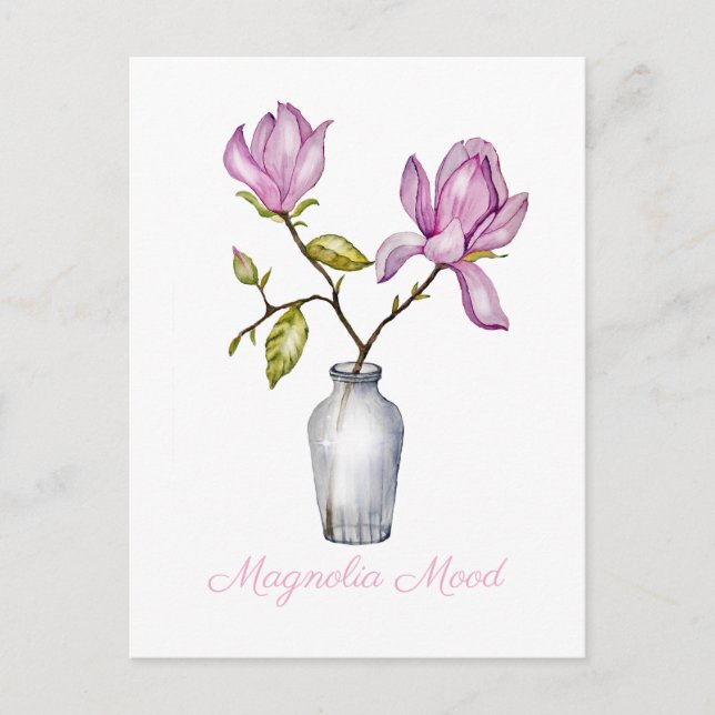 Rosa Magnolia Watercolor Botanical Helg Vykort (Framsida)