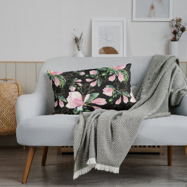 Rosa Magnolia Watercolor Mönster Black Prydnadskudde
