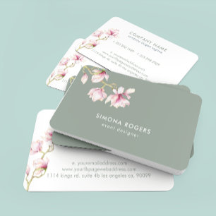 Rosa Magnolia Watercolor Sage Grönt Background Visitkort