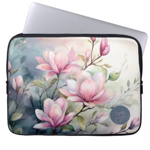 Rosa Magnoliablommor Botaniskt Monogram Laptop Fodral