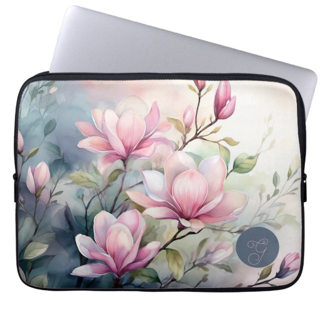 Rosa Magnoliablommor Botaniskt Monogram Laptop Fodral (Framsidan)