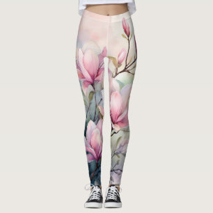Rosa Magnoliablommor Botaniskt Monogram Leggings