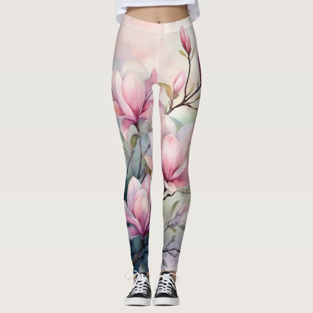 Rosa Magnoliablommor Botaniskt Monogram Leggings (Framsida)