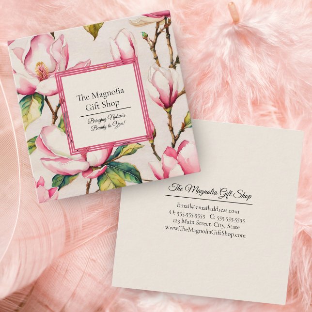Rosa Magnolias Blommönster Fyrkantigt Visitkort (Embrace sophistication with our elegant pink magnolia pattern business card.)