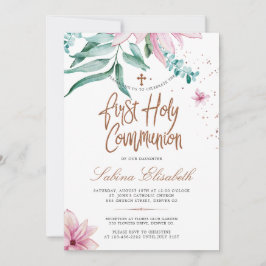 Rosa magnolias heliga first communion inbjudningar