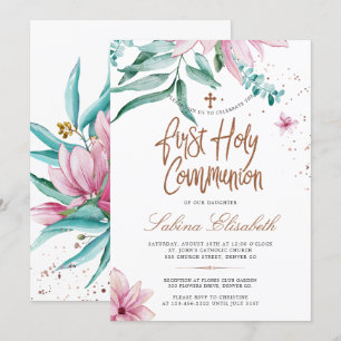 Rosa magnolias heliga first communion inbjudningar